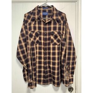 Pendleton Frontier‎ Shirt Mens XXL Pearl Snap Plaid Front Pockets Brown